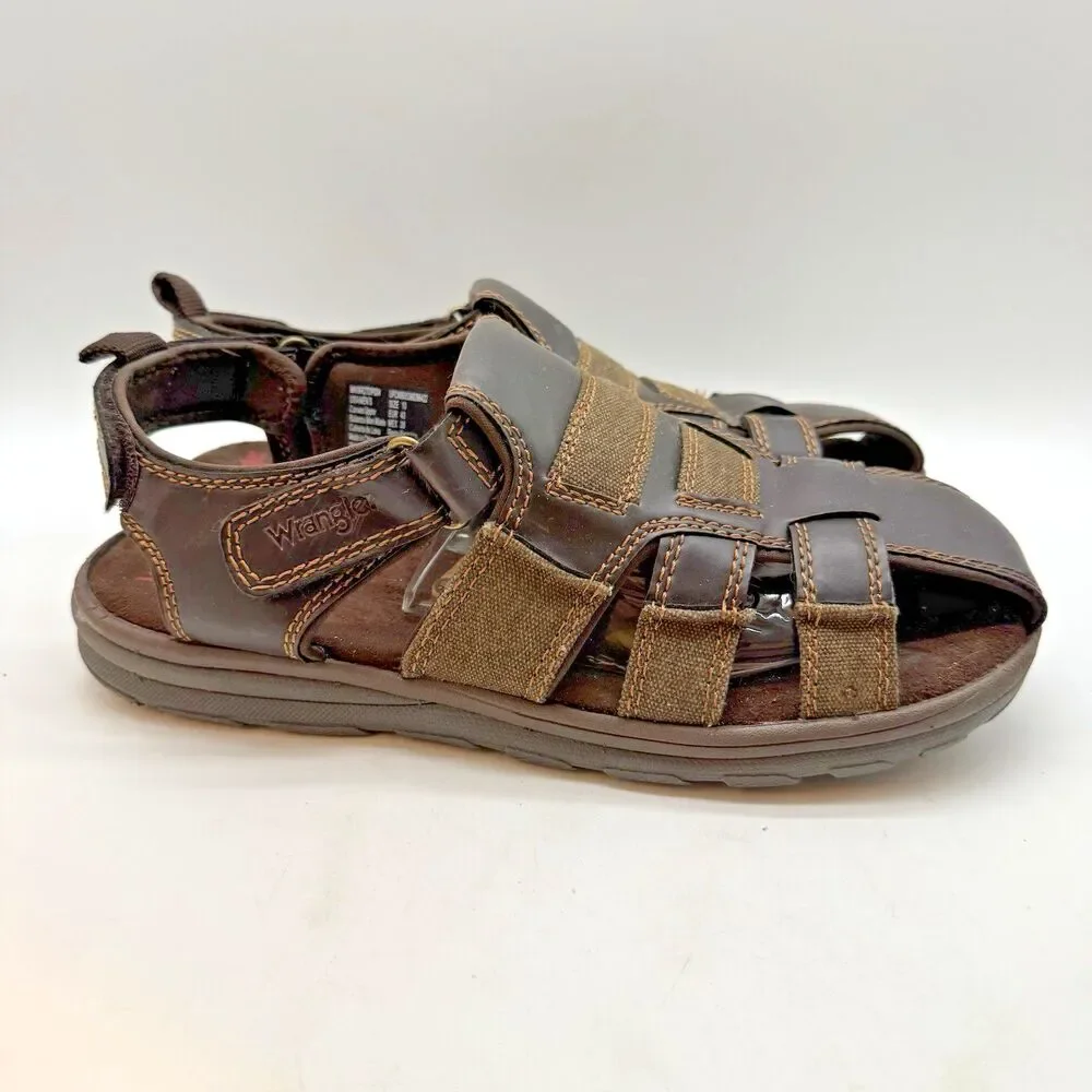 Wrangler Memory Foam Fisherman Sandals Men's 10 Brown Canvas Hook & Loop Beach